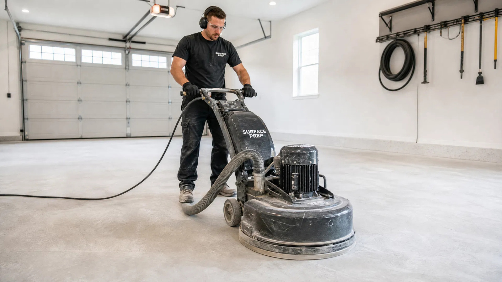 Professional concrete grinding before garage floor coating installation