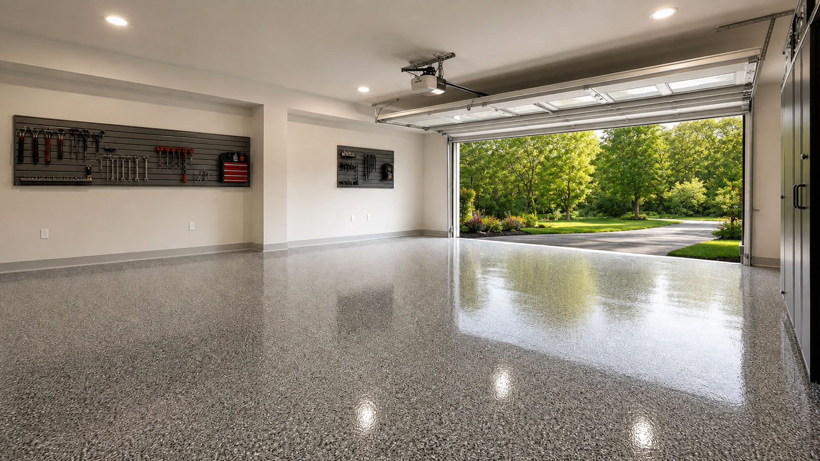 Residential garage with decorative flake floor coating